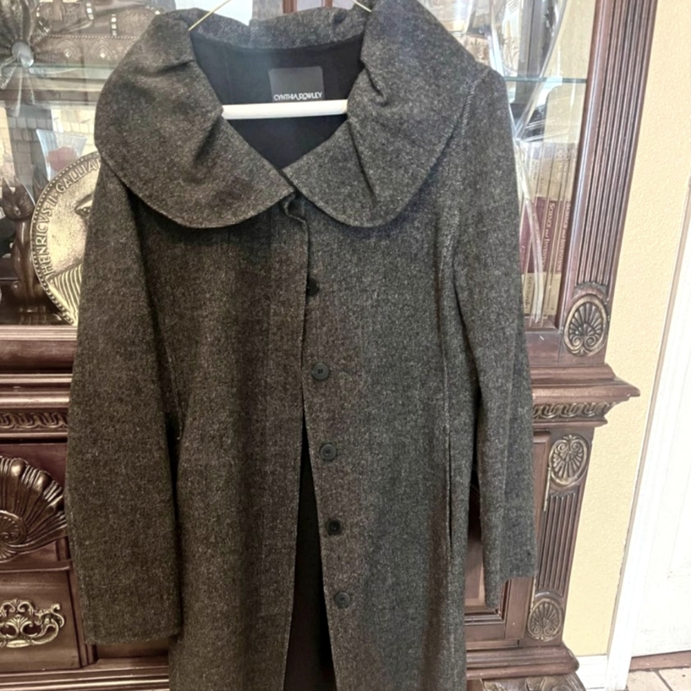 Cynthia Rowley Woolen Sweater Coat Peter Pan Collar Herringbone Gray
